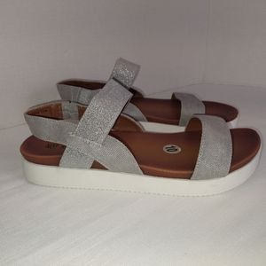 Silver slip on straps platform sandals size 10